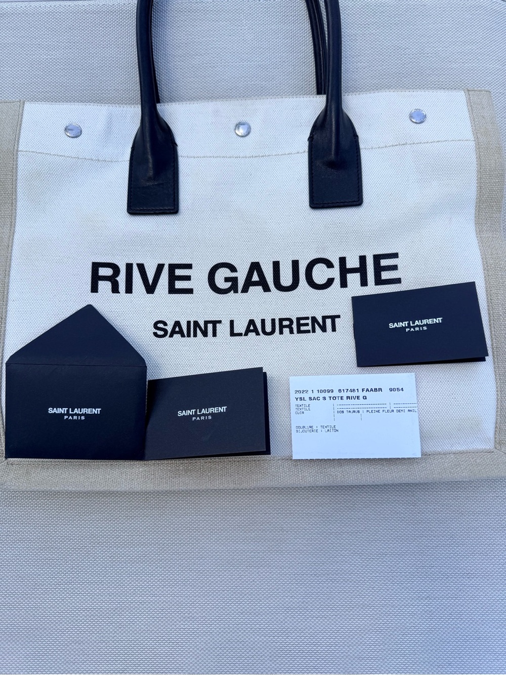 Saint Laurent Rive Gauche Canvas Tote in White and Black Trim